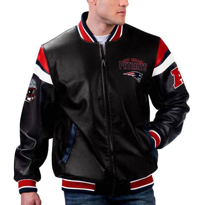 Multicolor leather jacket with NFL New England Patriots design in France style