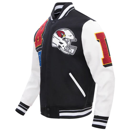 Black and white varsity jacket featuring Arizona Cardinals logo