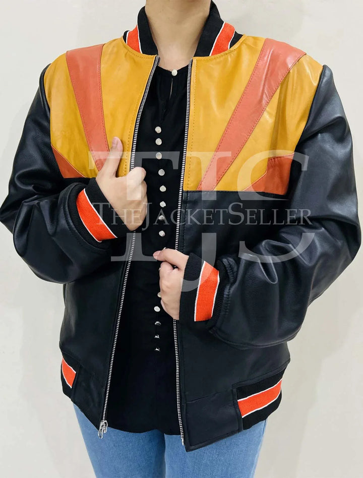 Stylish retro leather jacket with orange and white striped trim