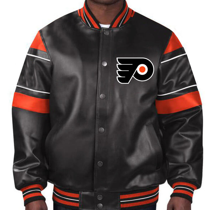 Embrace the Flyers' spirit with this premium black leather jacket, featuring bold team colors and iconic designs for dedicated fans in France style