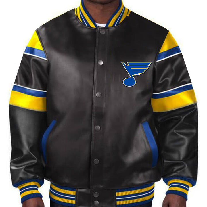 Adorn this sleek St. Louis Blues full leather jacket, a tribute to the team's bluesy resilience and your unwavering support in USA