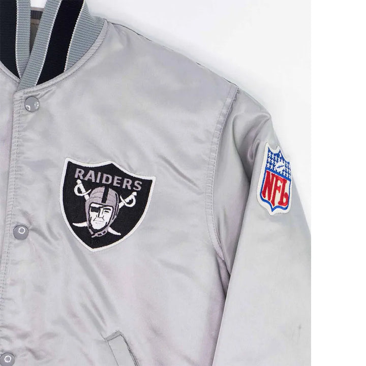 Vintage Las Vegas Raiders Silver Satin Jacket from the 1980s in American market