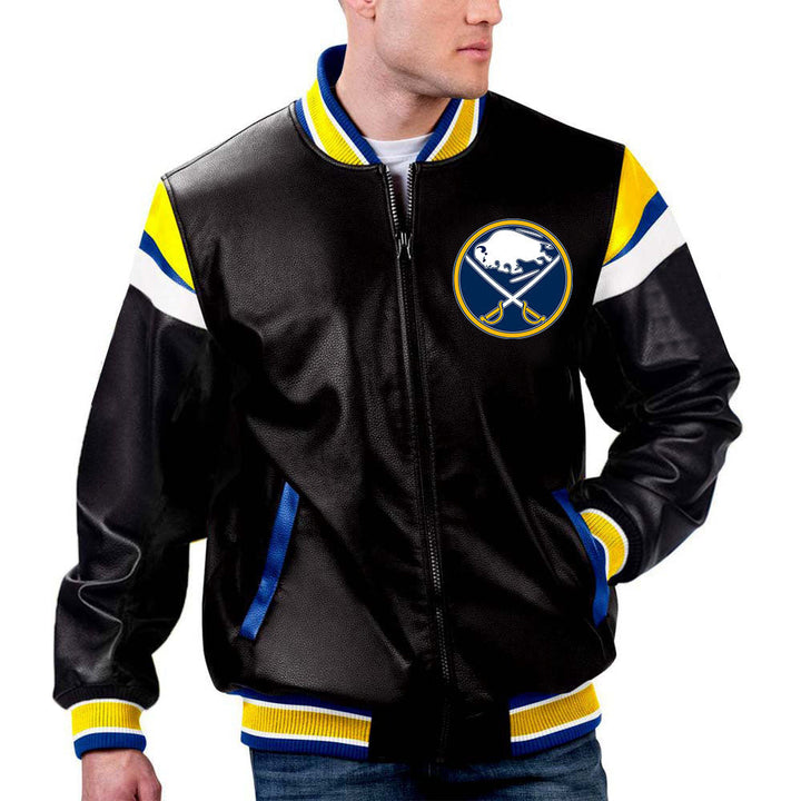 The Pricy NHL Jacket in Navy Leather Featuring Buffalo Sabres in France style