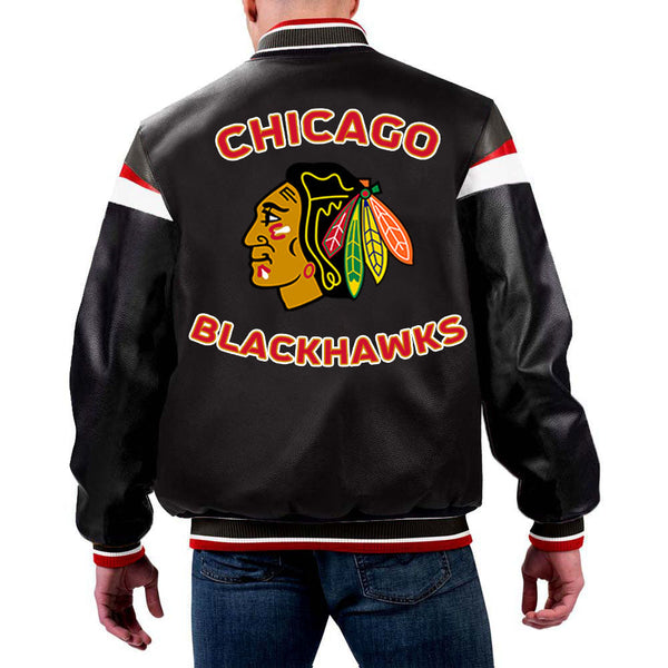 Black Leather Jacket Representing Chicago Blackhawks in the NHL by TJS in USA