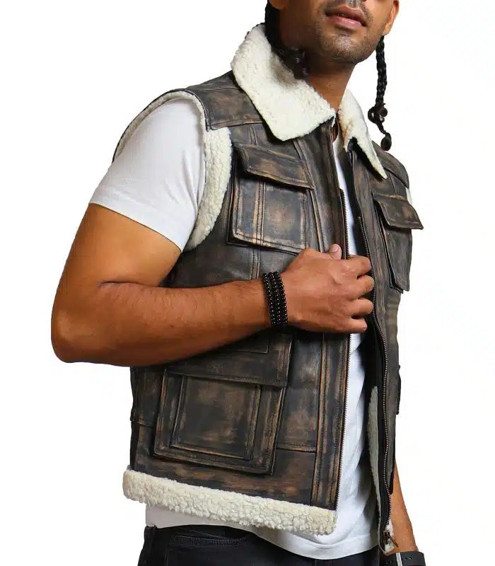 Brown waxed faux fur leather vest in USA