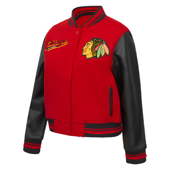 Stylish Chicago Blackhawks Women's Wool Varsity Jacket with Script Tail Embroidery