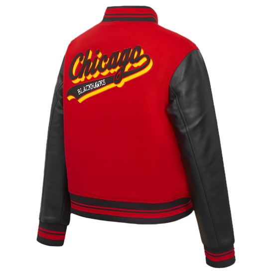 Wool Varsity Jacket for Women Featuring NHL Chicago Blackhawks Script Tail Logo