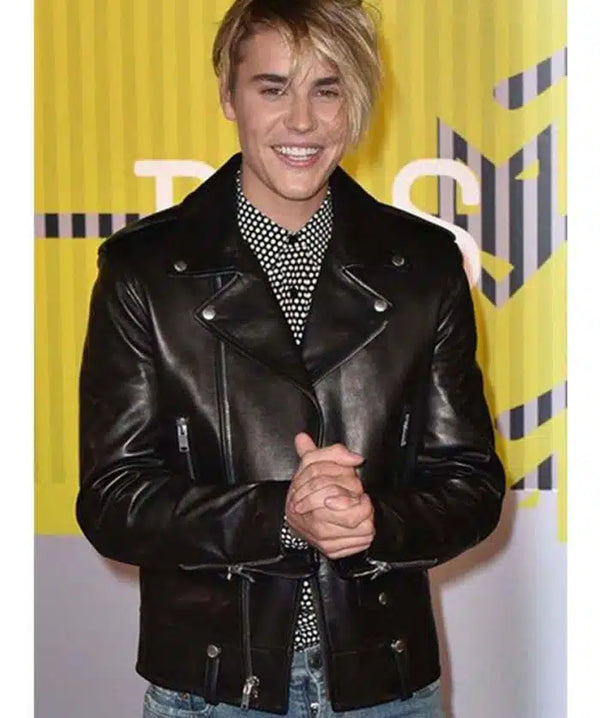Front view Justin Bieber Black Leather Jacket