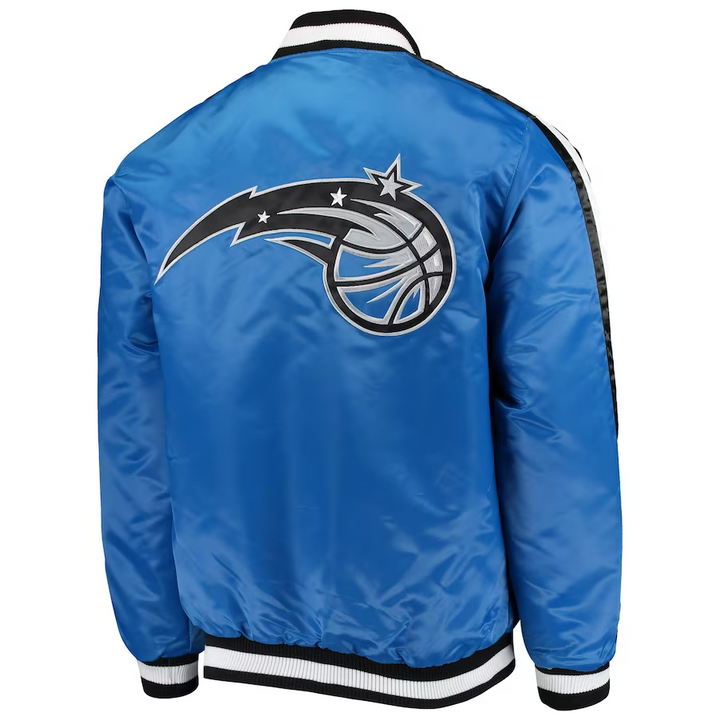 Stylish blue Orlando Magic satin jacket featuring team logo in American Market