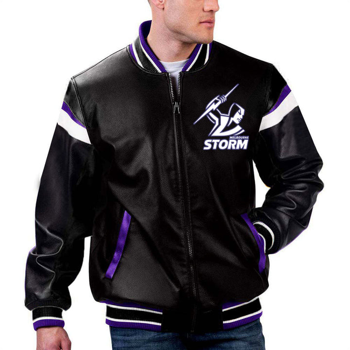 The Pricy NRL Melbourne Storm Leather Jacket in France style