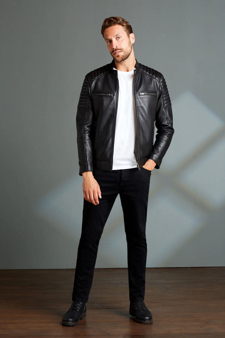 Men's Quilted Leather Racer Jacket in Black