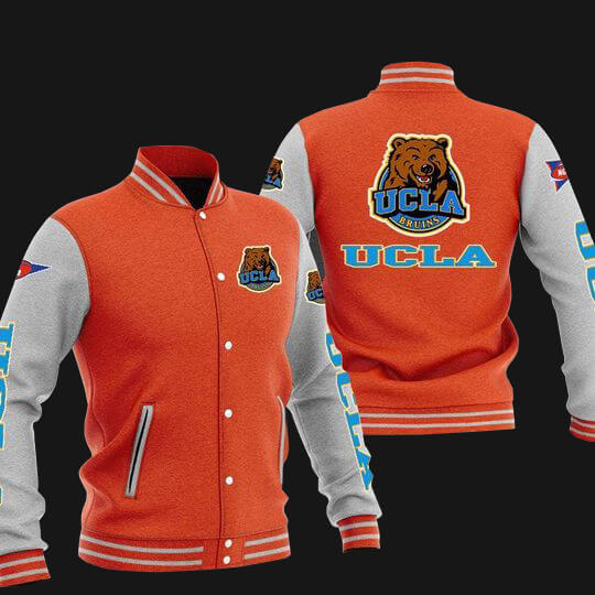 UCLA Bruins varsity jacket in orange and gray, showcasing classic baseball style with USA craftsmanship