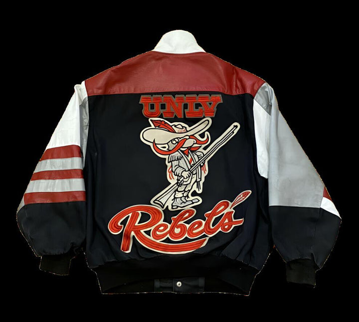 Classic UNLV Rebels NCAA varsity jacket by Jeff Hamilton, highlighting team logo and premium vintage style