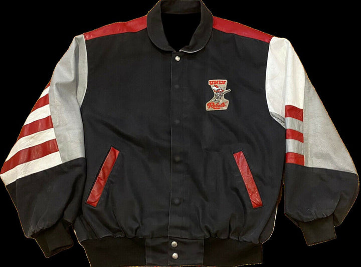 Vintage UNLV Rebels varsity jacket designed by Jeff Hamilton, featuring bold NCAA team colors and USA craftsmanship