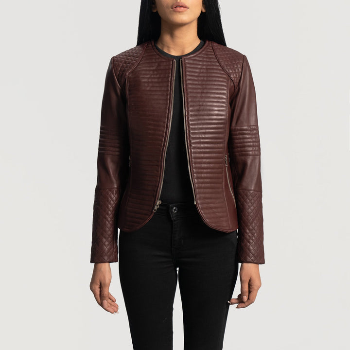 Quilted Maroon Leather Jacket by TJS in USA