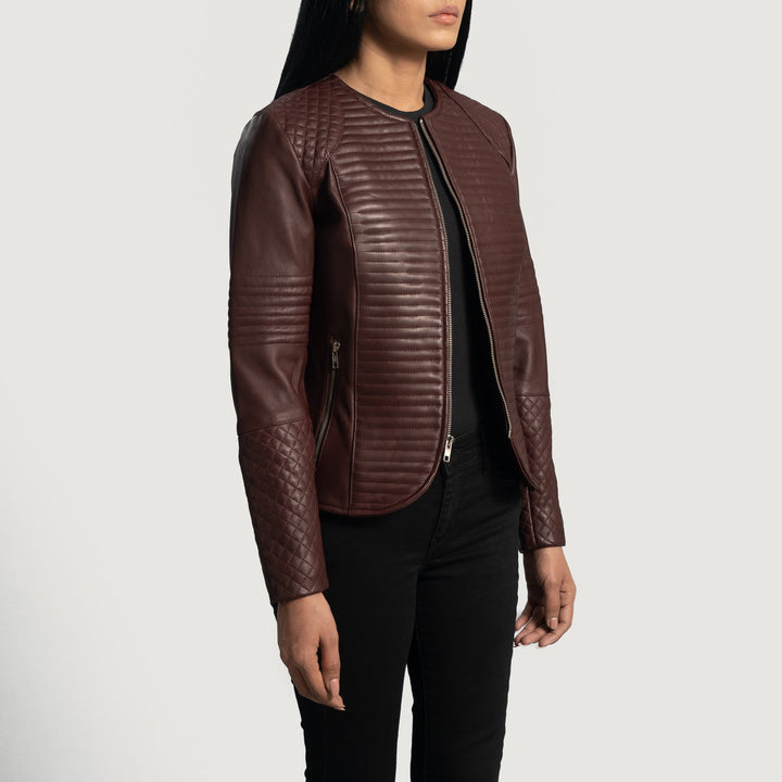 Maroon Quilted Leather Jacket by TJS in United state market