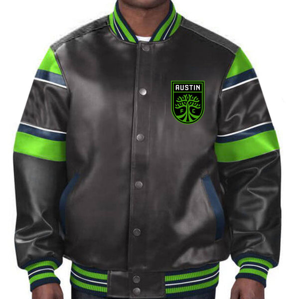 Stylish Austin FC leather jacket with bold team logo in USA