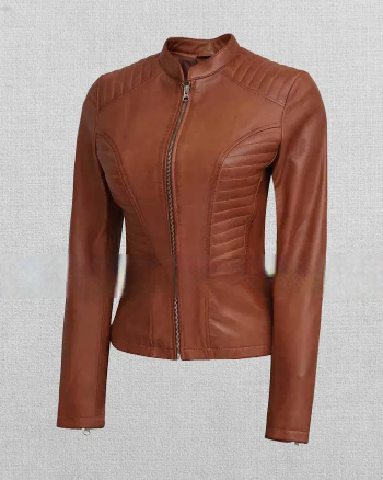 Stylish Women’s Tan Cafe Racer Jacket
