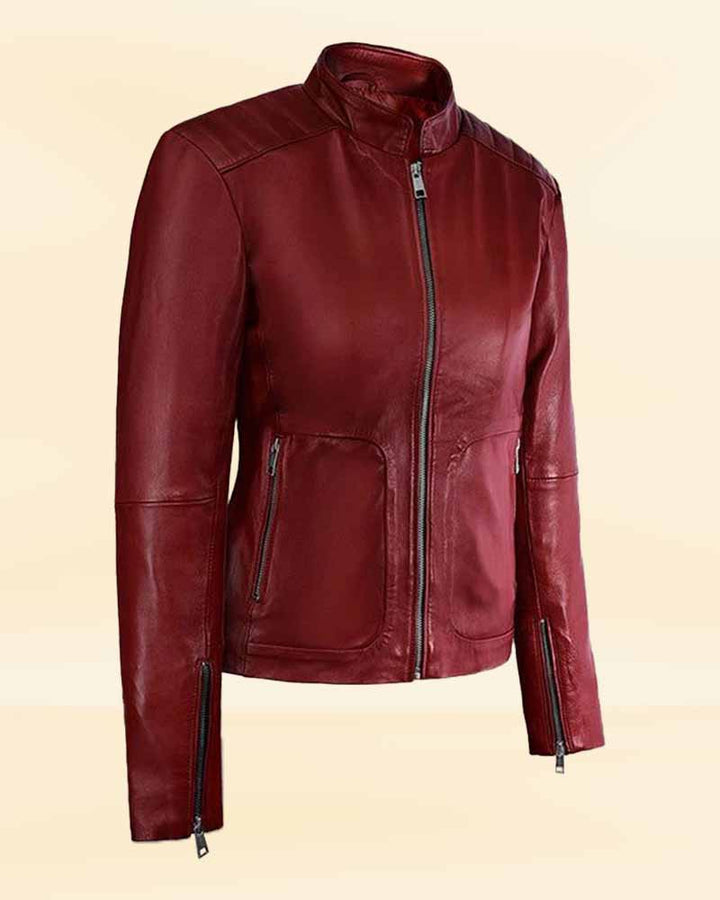 Elevate your style with Kaya Scodelario's edgy Resident Evil leather jacket in German style