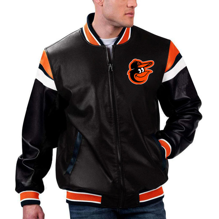 Classic orange Baltimore Orioles leather jacket, featuring the iconic "Oriole Bird" logo. in France style