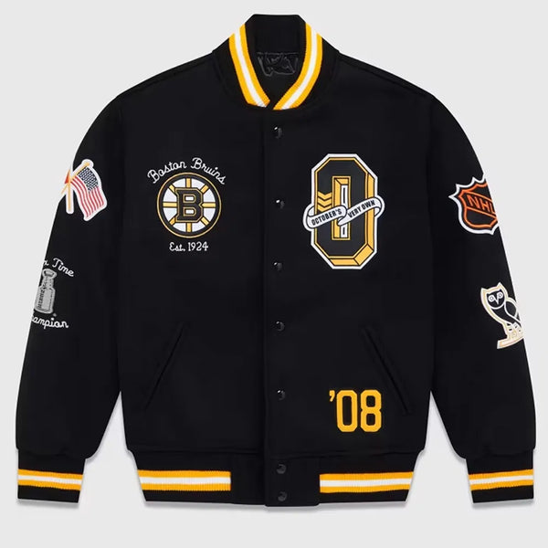 Front View MLB OVO Boston Bruins Varsity Jacket