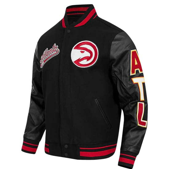 Men’s ribbed wool varsity jacket with Atlanta Hawks script tail in USA