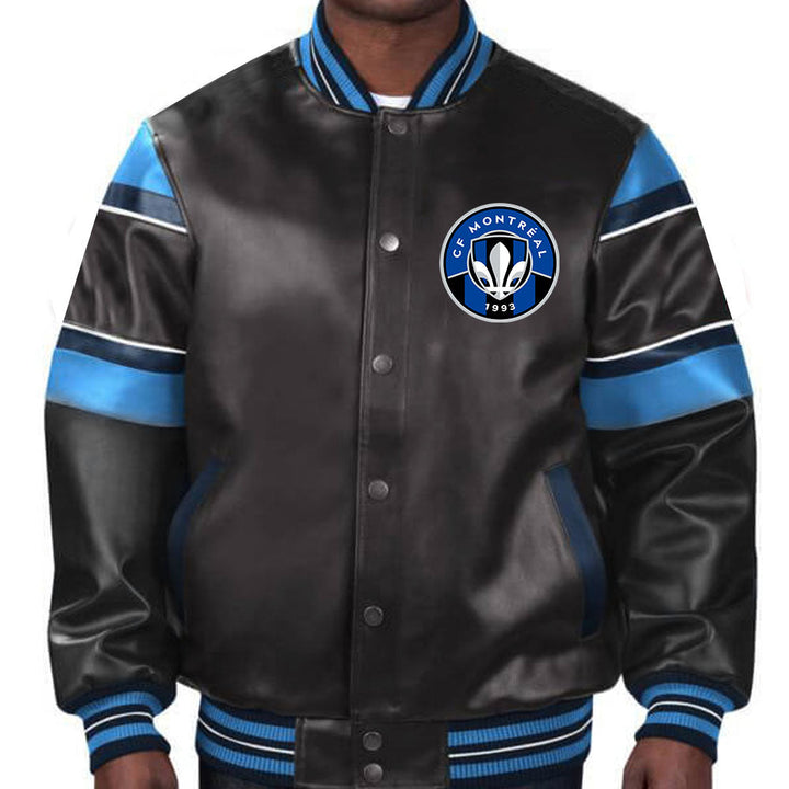 CF Montreal leather jacket with bold team logo and sleek design in American Market