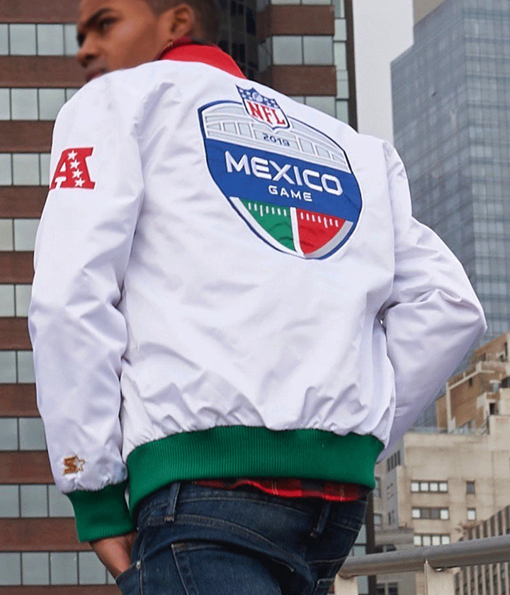 LA Chargers Mexico 2019 White Satin Jacket Front View in USA