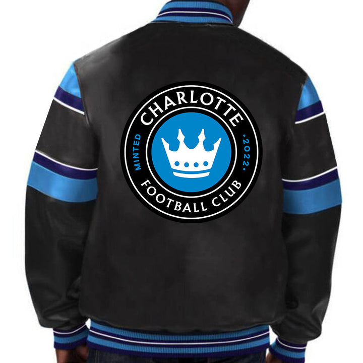 Authentic Charlotte FC leather jacket in team colors for a trendy fit in American Style