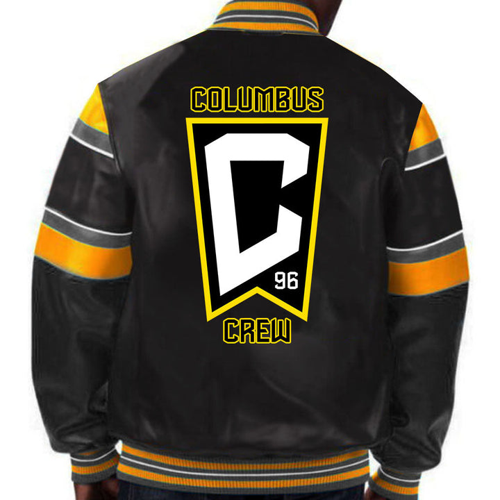 Stylish Columbus Crew leather jacket with team logo and colors in United State Market