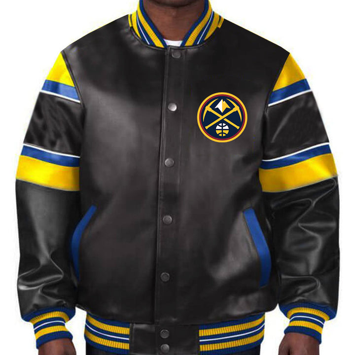 Stylish Denver Nuggets leather jacket in gold and navy design in France Style