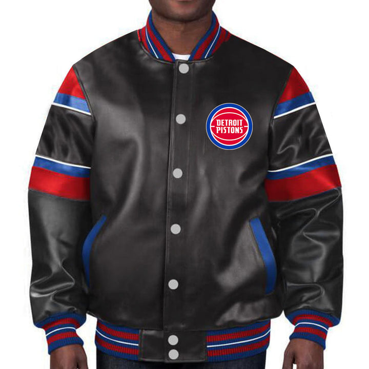 Stylish Detroit Pistons leather jacket in red, white, and blue design in United State Market