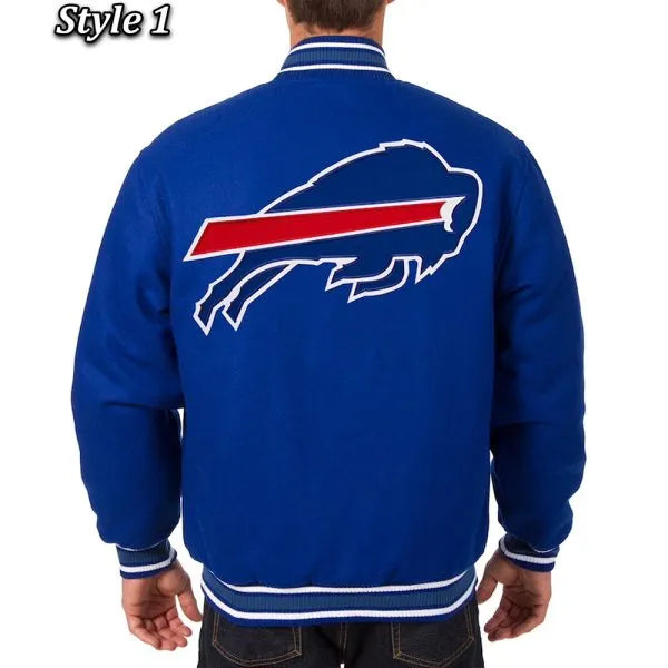 High-quality wool Buffalo Bills varsity jacket with striped rib-knit collar and cuffs