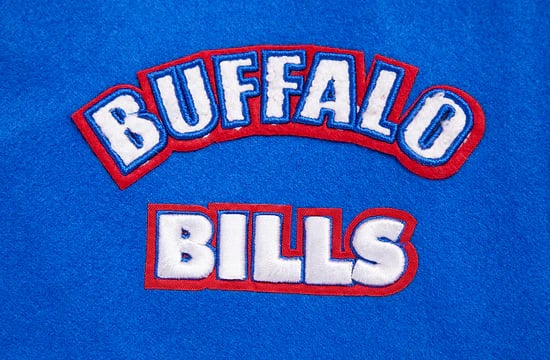 Vintage-style women's varsity jacket representing the Buffalo Bills
