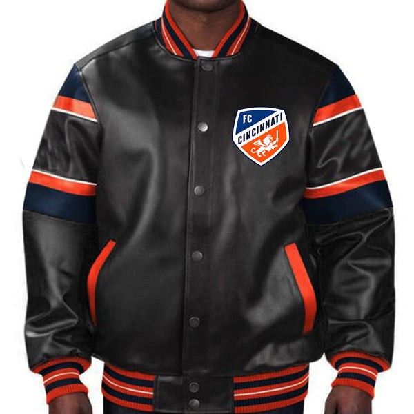 Official FC Cincinnati leather jacket with team logo in USA