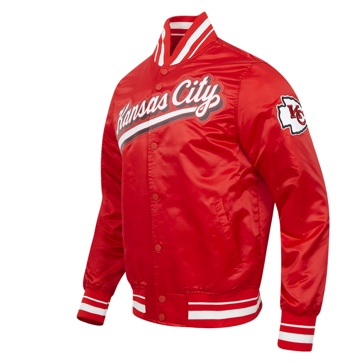 Kansas City varsity-style red jacket side view with Chiefs logo on the sleeve.
