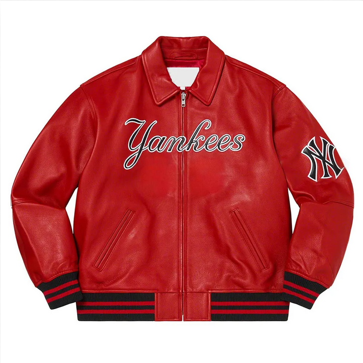 Men’s Supreme NY Yankees Varsity Leather Jacket in Action in American style
