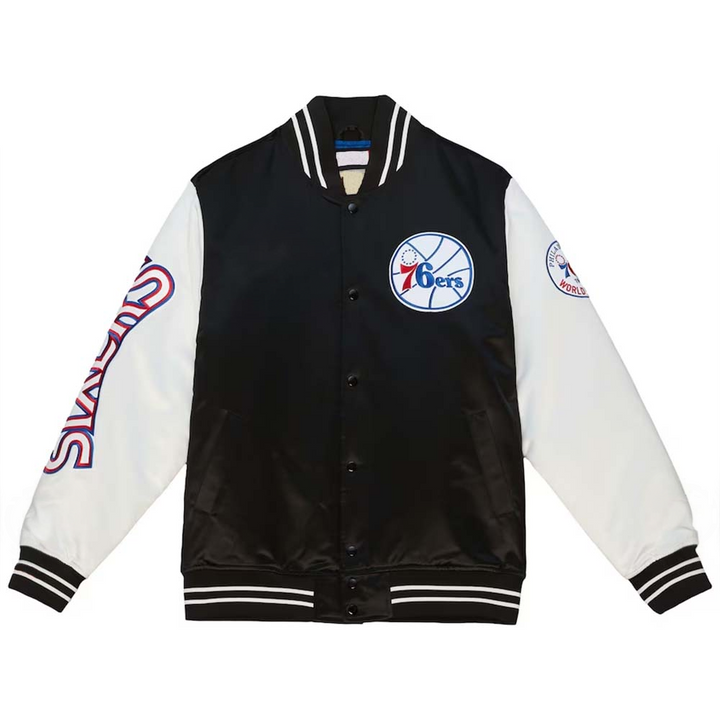 Stylish black satin Philadelphia 76ers varsity jacket with team logo in USA