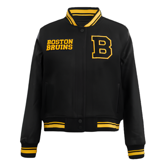 Women's Retro Boston Bruins Wool Varsity Jacket with Ribbed Detailing