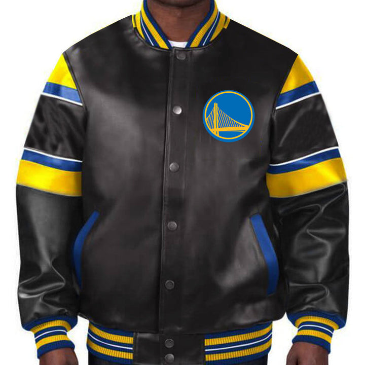 Stylish Golden State Warriors leather jacket in blue and gold design in American Style