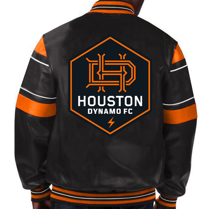 Stylish Houston Dynamo FC leather jacket with team logo in American Market