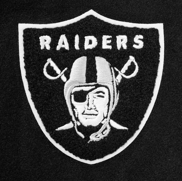 Ribbed cuffs and collar detail on the Raiders varsity jacket.