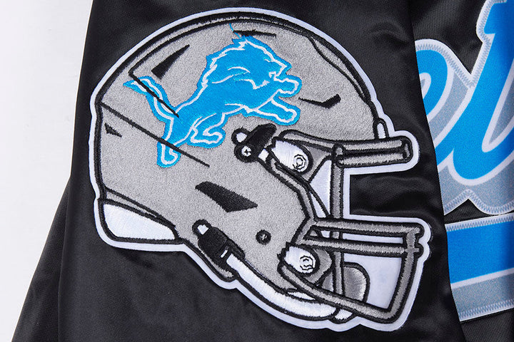 lose-up of Detroit Lions Embroidered Logo on NFL Satin Jacket