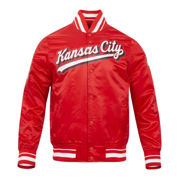 Kansas City varsity-style red jacket front view.
