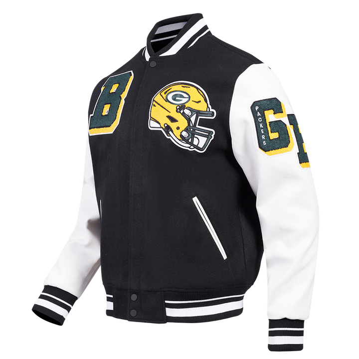 Side View of NFL Packers Varsity Jacket Featuring Team Logo and Patches