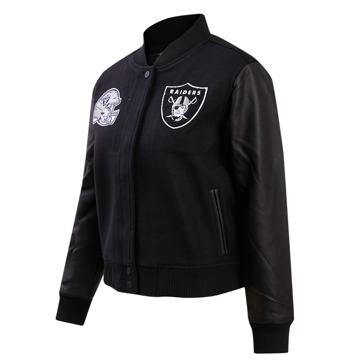 Side view of Raiders Varsity Jacket with faux leather sleeves and team logo.