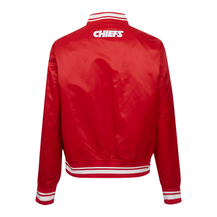  Back view of Kansas City Chiefs satin jacket with CHIEFS logo on the upper back.