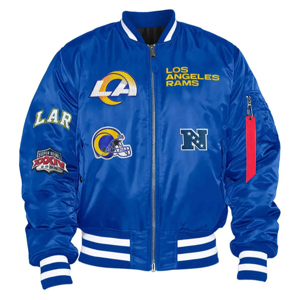 LA Rams Bomber MA-1 Royal Blue Satin Jacket
