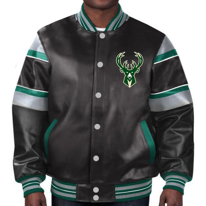 Stylish Milwaukee Bucks leather jacket with team colors for unisex wear in American Market