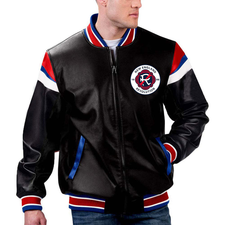 MLS New England Revolution leather jacket side view in American style